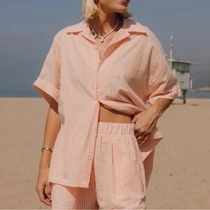 Daily Drills Seersucker Boxy Button Up Shirt XS SMALL Orange Stripe Coastal